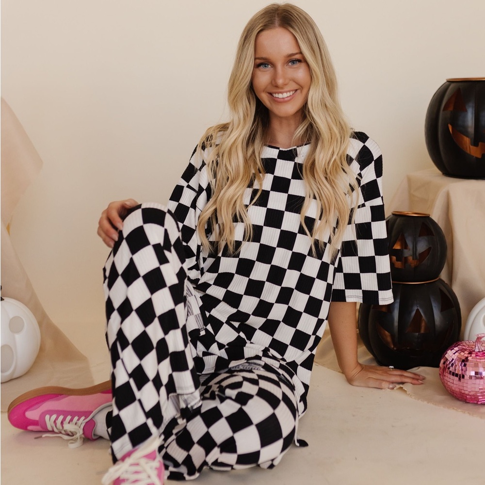 Star Blvd - Ribbed Checkerboard Playsuit in Black + White